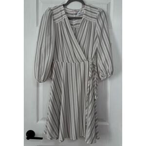 Calvin Klein Women's White Gray Striped Surplice Faux Wrap Dress Size 4